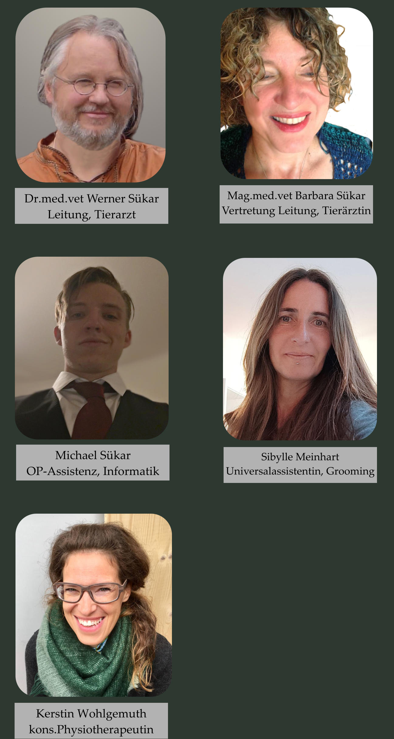 Dr.med.vet Werner Sükar Leitung, Tierarzt Mag.med.vet Barbara Sükar Vertretung Leitung, Tierärztin Michael Sükar OP-Assistenz, Informatik Sibylle Meinhart Universalassistentin, Grooming Kerstin Wohlgemuth kons.Physiotherapeutin