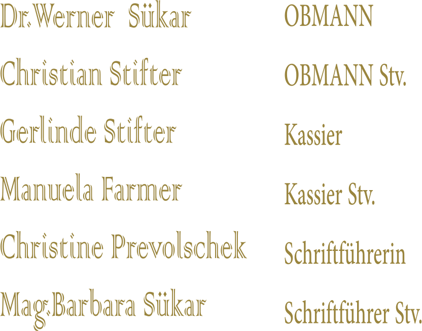 Dr.Werner  Sükar Christian Stifter Gerlinde Stifter Manuela Farmer Christine Prevolschek Mag.Barbara Sükar OBMANN OBMANN Stv. Kassier Kassier Stv. Schriftführerin Schriftführer Stv.