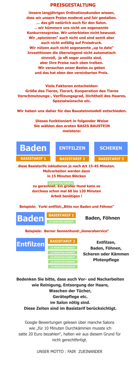 PREISGESTALTUNG Unsere langjährigen Ordinationskunden wissen, dass wir unsere Preise moderat und fair gestalten. … das gilt natürlich auch für den Salon. .. wir kümmern uns nicht um sogenannte Konkurrenzpreise. Wir unterbieten nicht bewusst.  Wir „spionieren“ auch nicht und sind somit aber auch nicht anfällig auf Preisdruck.  Wir nützen auch nicht sogenannte „up to date“  Investitionen die überwiegend nicht automatisch sinnvoll,  ja oft sogar unnütz sind, aber Ihre Preise nach oben treiben. Wir versuchen unser Bestes zu geben  und das hat eben den vereinbarten Preis.  Viele Faktoren entscheiden: Größe des Tieres, Tierart, Kooperation des Tieres Verschmutzungs-, Verfilzungsgrad, Dichtheit des Haares, Spezialwünsche etc.  Wir haben uns daher für das Bausteinmodell entschieden.  Dieses funktioniert in folgender Weise Sie wählen den ersten BASIS BAUSTEIN meistens: Baden ENTFILZEN SCHEREN BASISTARIF 1 BASISTARIF 2 BASISTARIF 3 diese Basistarife inkludieren je nach Art 15-45 Minuten. Mehrarbeiten werden dann  in 15 Minuten Blöcken  zu gerechnet. Ein großer Hund kann so  durchaus schon mal 60 bis 120 Minuten Arbeit benötigen ! Baden BASISTARIF 1 15 MINUTEN EINHEIT Baden, Föhnen Beispiele:  Yorki entfilzt:„Bitte nur Baden und Föhnen“ 15 MINUTEN EINHEIT Beispiele:  Berner Sennenhund:„Generalservice“ 15 MINUTEN EINHEIT Entfilzen BASISTARIF 2 15 MINUTEN EINHEIT 15 MINUTEN EINHEIT 15 MINUTEN EINHEIT Entfilzen, Baden, Föhnen, Scheren oder Kämmen Pfotenpflege 15 MINUTEN EINHEIT Bedenken Sie bitte, dass auch Vor- und Nacharbeiten  wie Reinigung, Entsorgung der Haare,  Waschen der Tücher, Gerätepflege etc. im Salon nötig sind.  Diese Zeiten sind im Basistarif berücksichtigt. Google Bewertungen gelesen über manche Salons  wie „für 10 Minuten Durchkämmen musste ich satte 20 Euro bezahlen“, halten wir aus diesem Grund für  nicht gerechtfertigt.  UNSER MOTTO : FAIR  ZUEINANDER